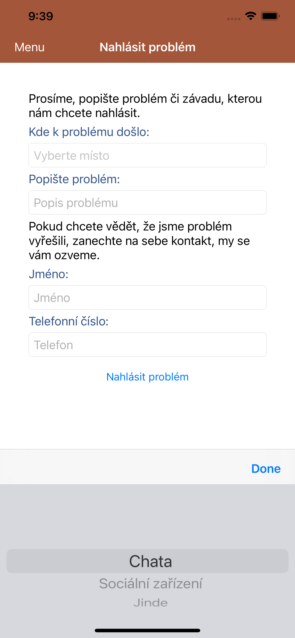 Nahlašování problémů (screenshot)